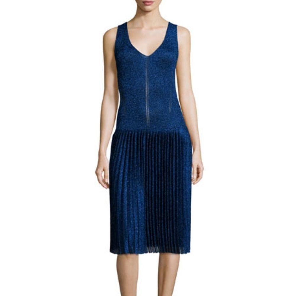 CHRISTOPHER KANE NAVY METALLIC PLEATED DRE…